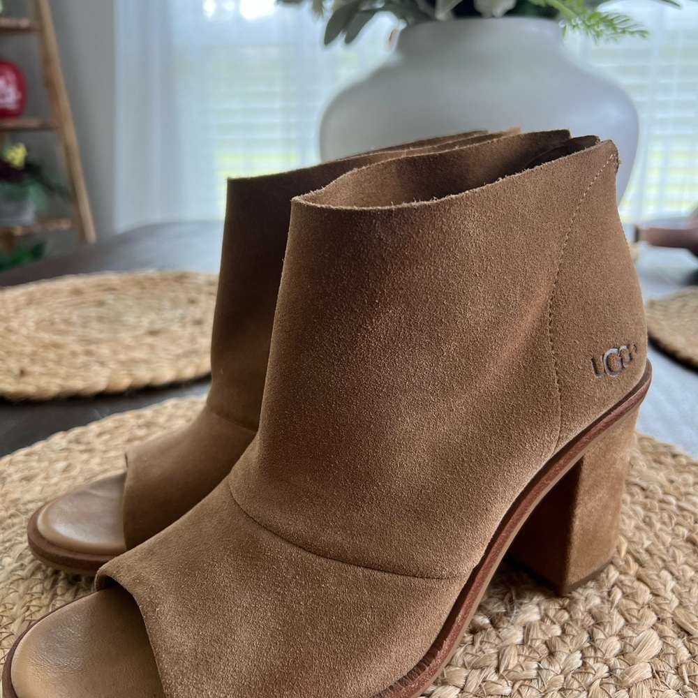 UGG Brown Heeled Boots with Open Toe and Suede Texture